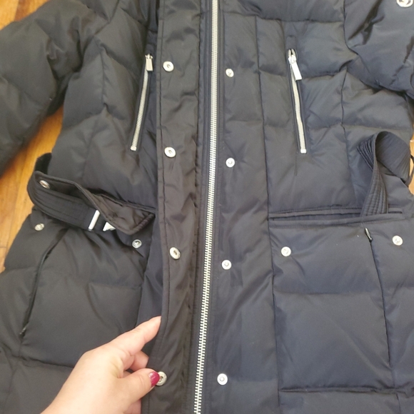 Michael kors Winter  fur hoodie Belted puffer black,silver  heavy jacket SZ L - Picture 2 of 10